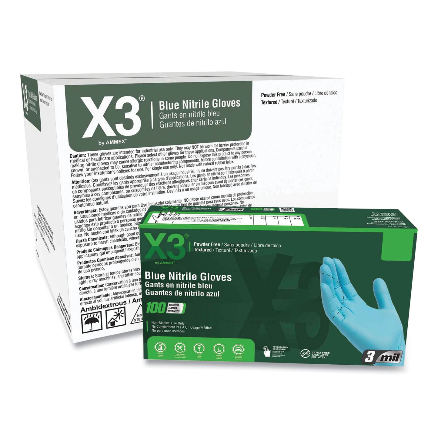 X3 by AMMEX Industrial Nitrile Gloves, Powder-Free, 3 mil, Medium, Blue, 100/Box, 10 Boxes/Carton (X344100)