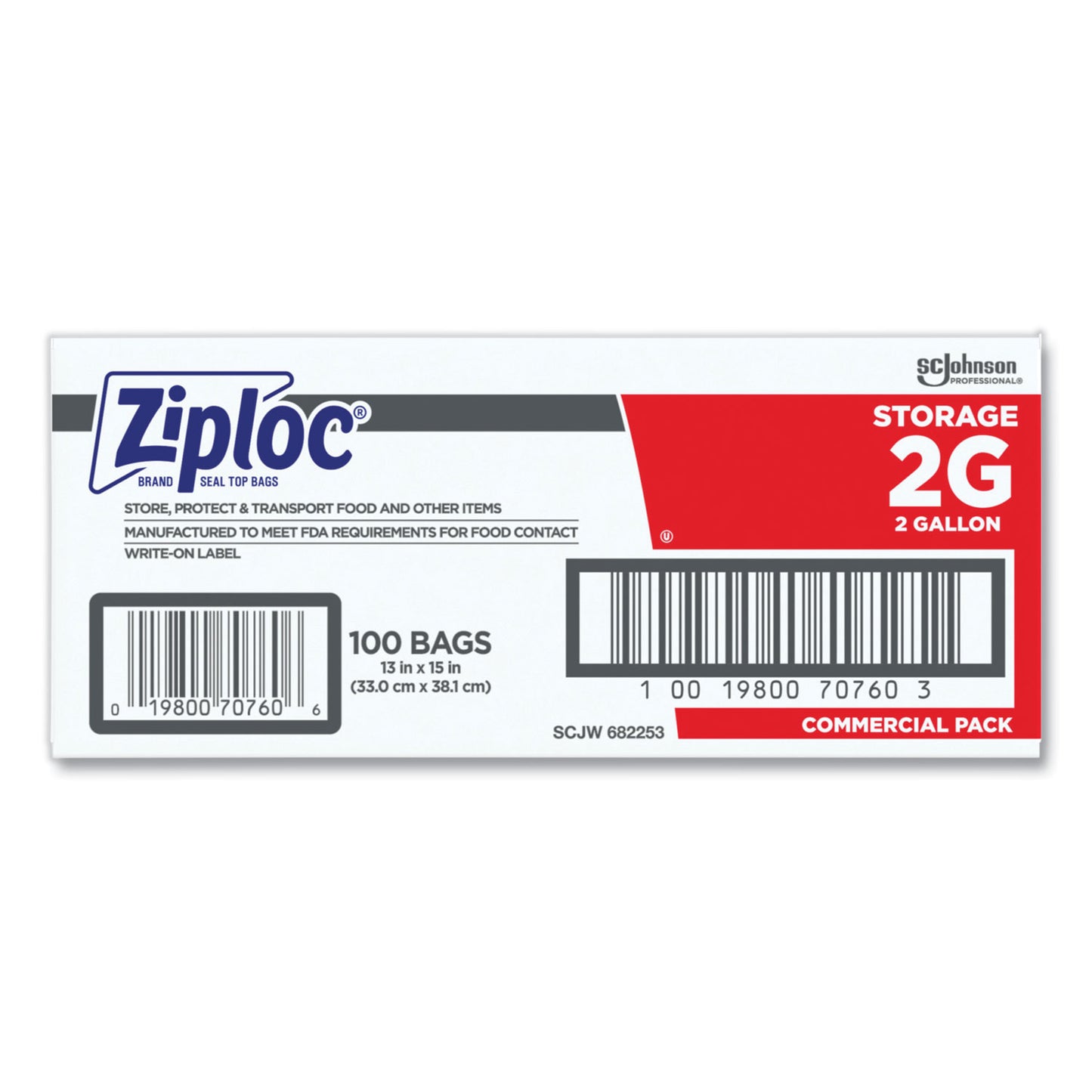 Ziploc Double Zipper Storage Bags, 2 Gallon, 15" x 13", Clear, 100/Carton (682253)