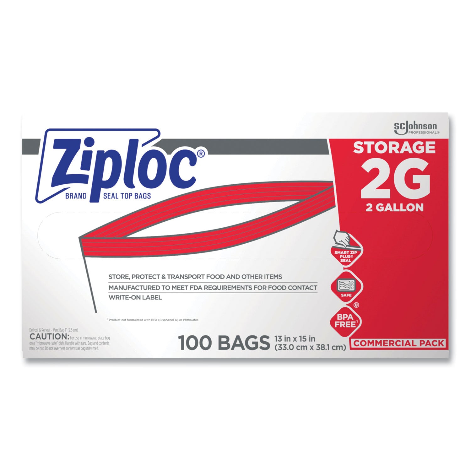 Ziploc Double Zipper Storage Bags, 2 Gallon, 15" x 13", Clear, 100/Carton (682253)