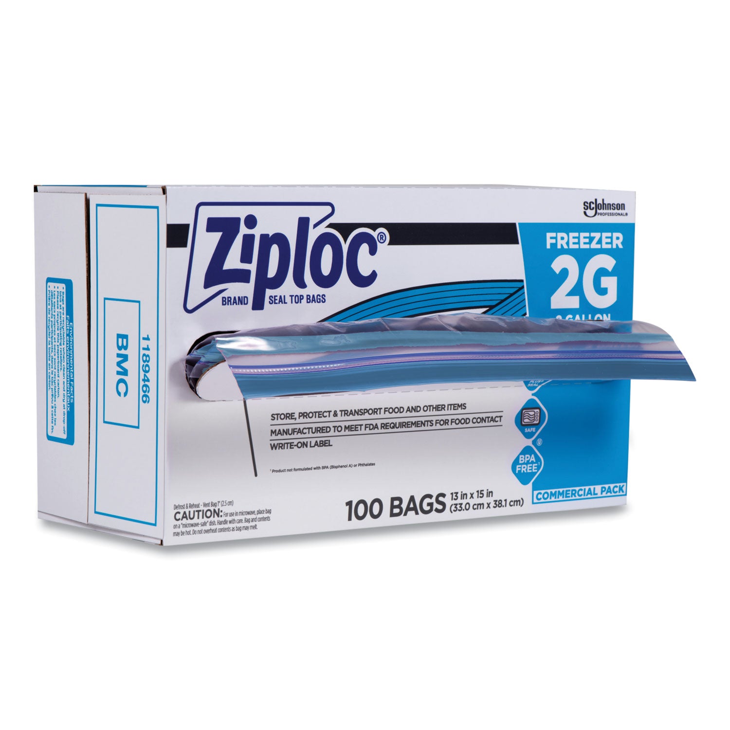 Ziploc Zipper Freezer Bags, 2 gal, 13" x 15.5", Clear, 100/Carton (682254)