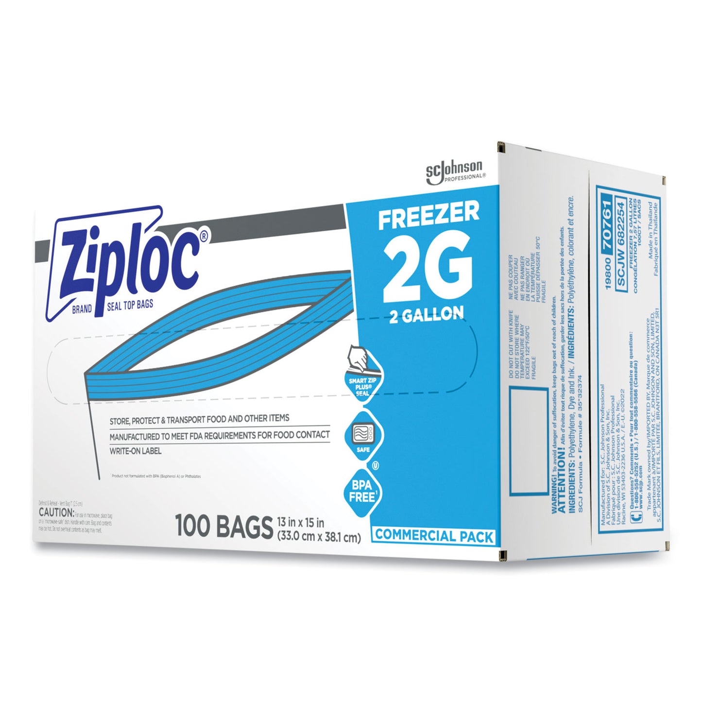 Ziploc Zipper Freezer Bags, 2 gal, 13" x 15.5", Clear, 100/Carton (682254)