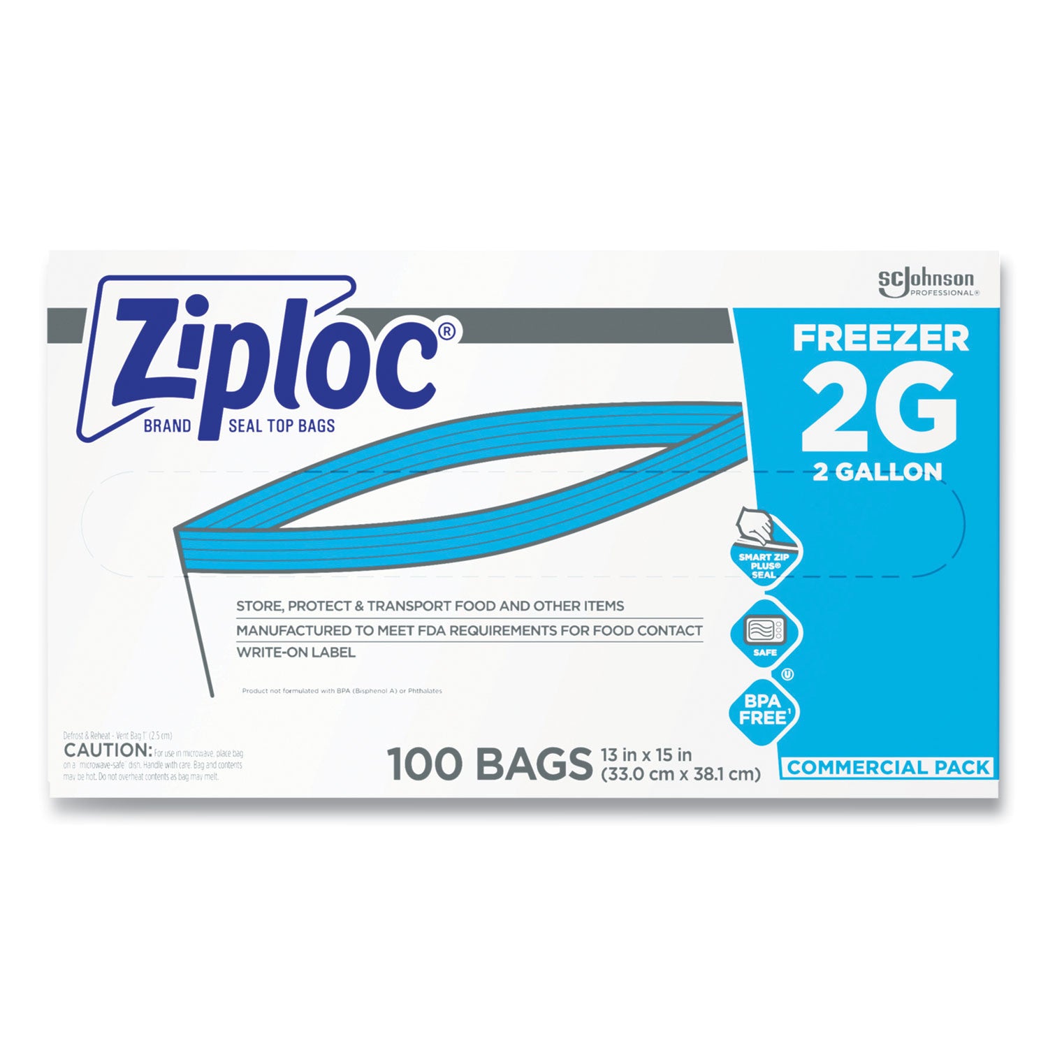 Ziploc Zipper Freezer Bags, 2 gal, 13" x 15.5", Clear, 100/Carton (682254)