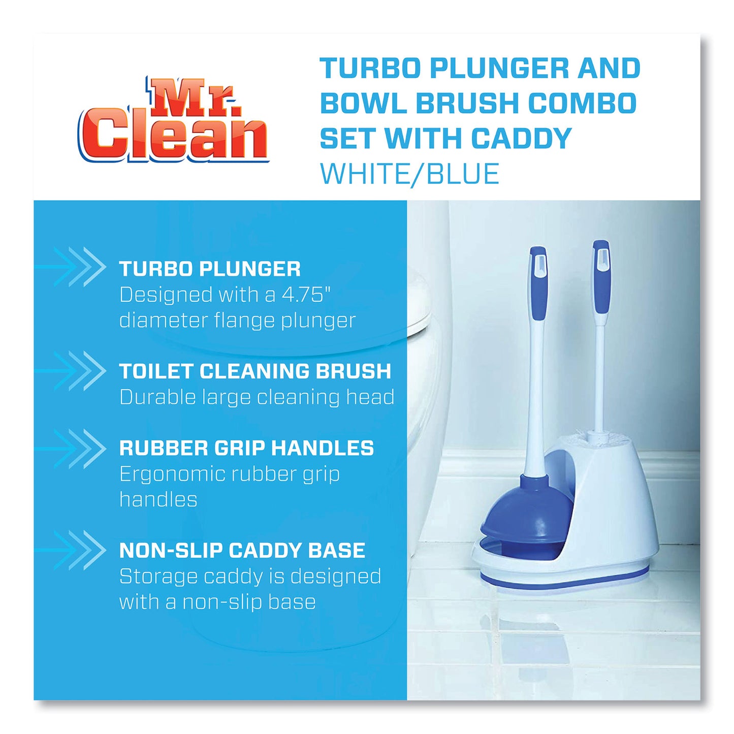 Mr. Clean Turbo Plunger and Bowl Brush Set, 12.5" Plastic Handle, 6" dia, White (440436)