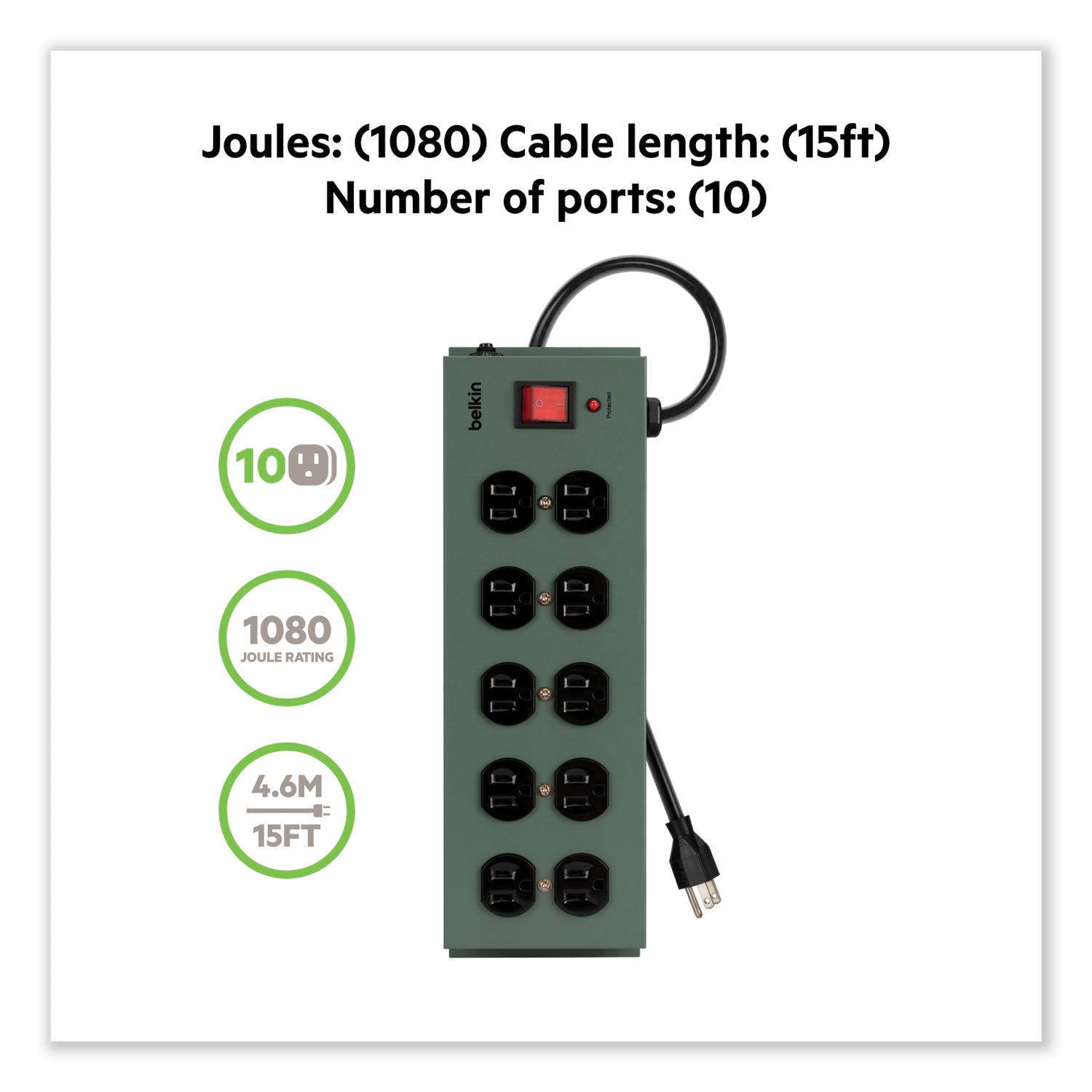 Belkin Metal SurgeMaster Surge Protector, 10 AC Outlets, 15 ft Cord, 885 J, Dark Gray (F9D100015)