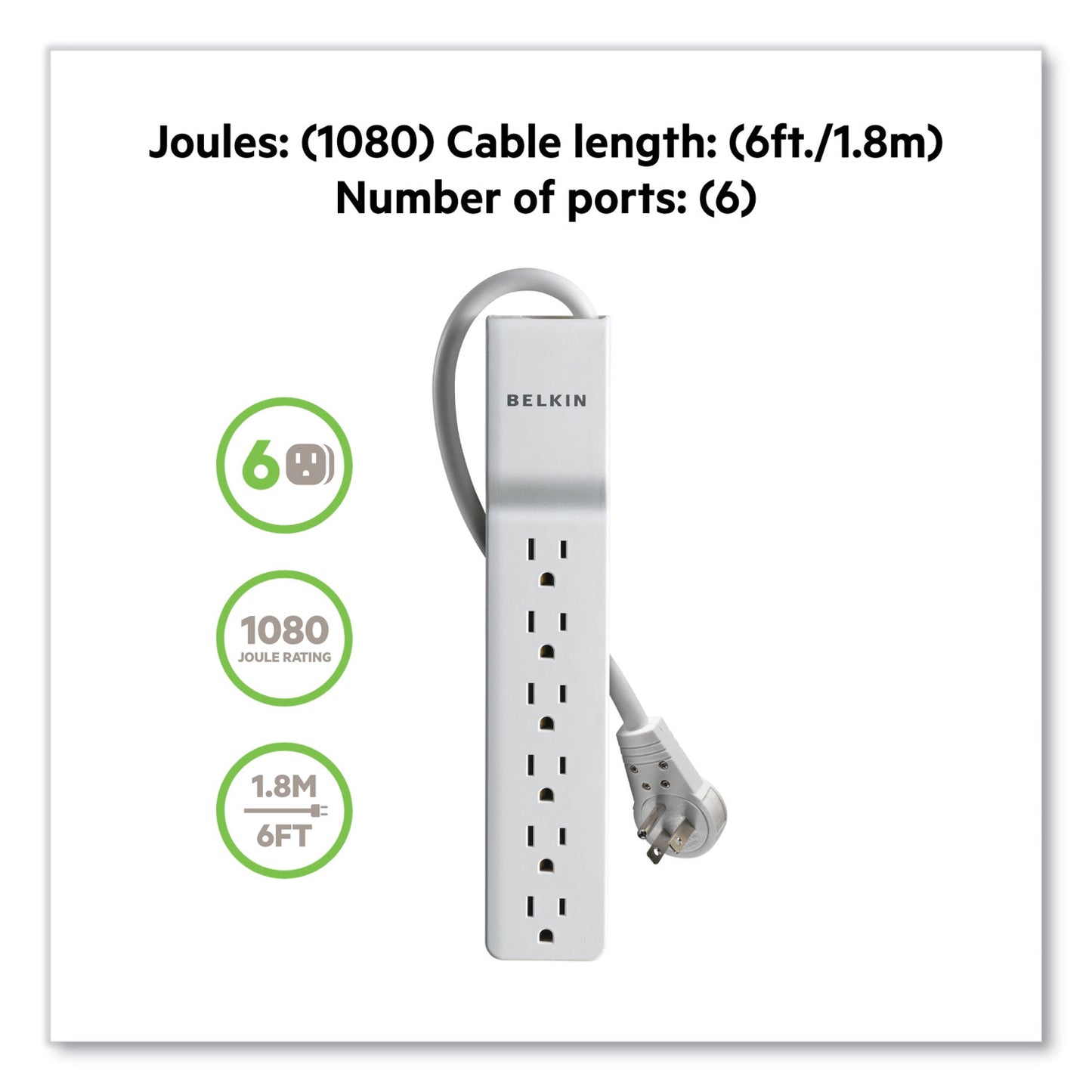 Belkin Home/Office Surge Protector with Rotating Plug, 6 AC Outlets, 6 ft Cord, 720 J, White (BE10600006R)