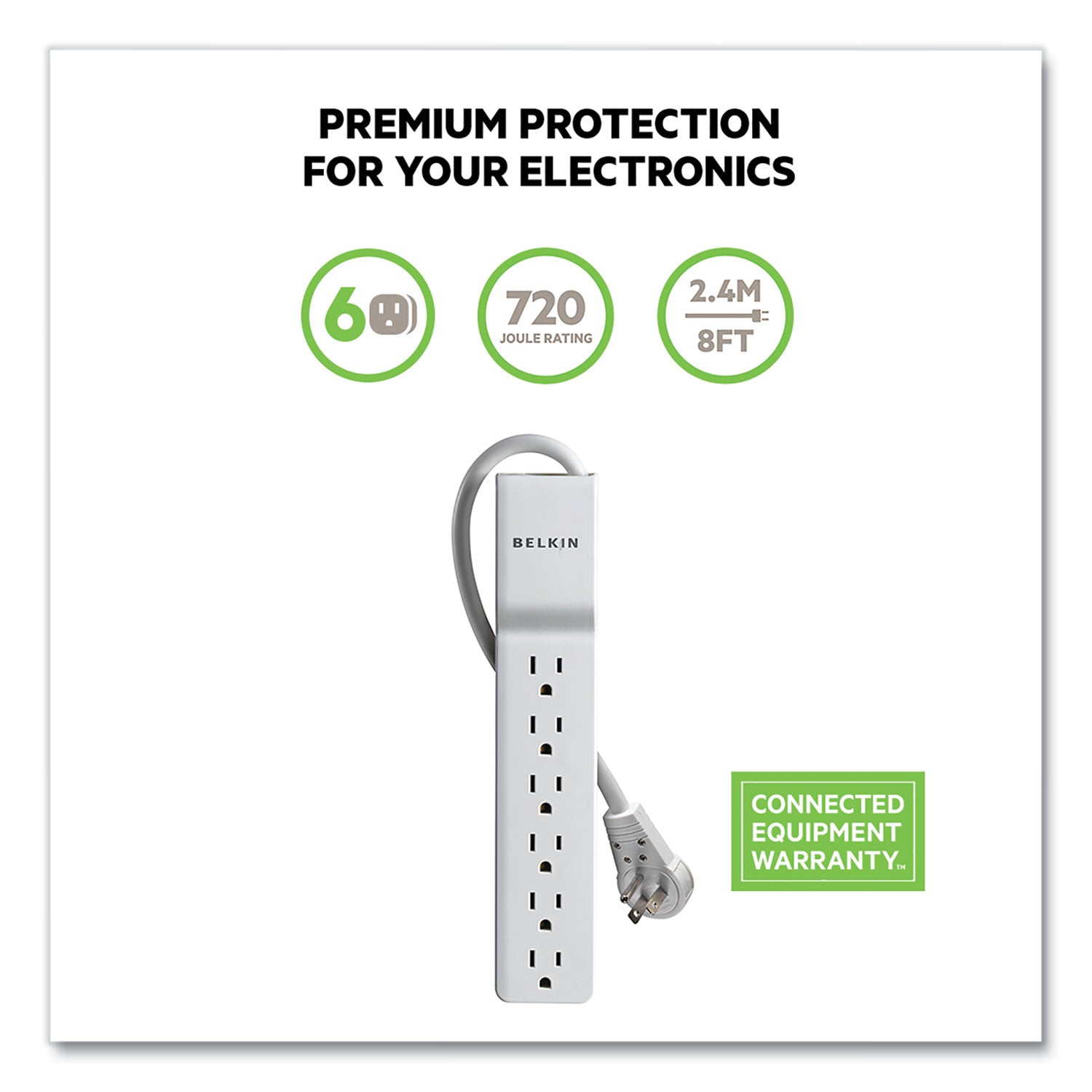 Belkin Home/Office Surge Protector with Rotating Plug, 6 AC Outlets, 8 ft Cord, 720 J, White (BE10600008R)