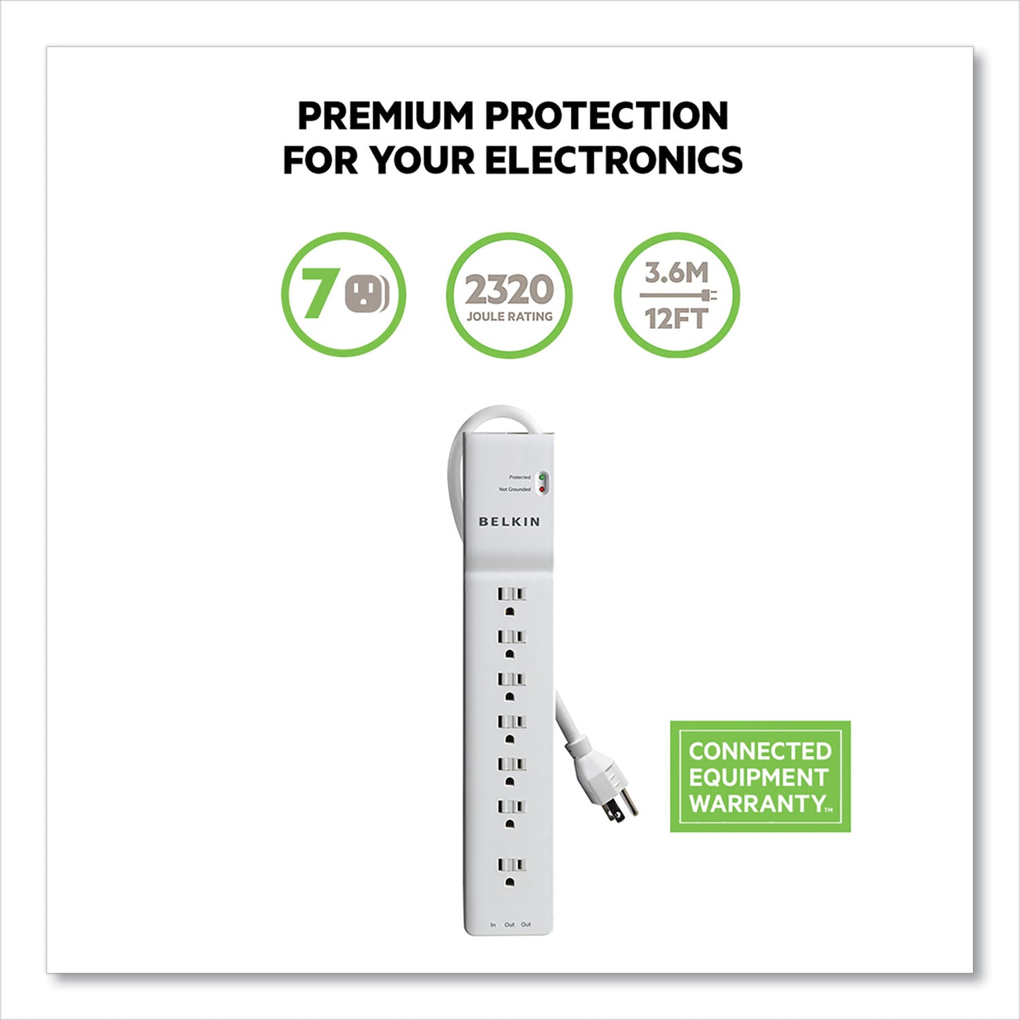 Belkin Home/Office Surge Protector, 7 AC Outlets, 12 ft Cord, 2,160 J, White (BE10720012)