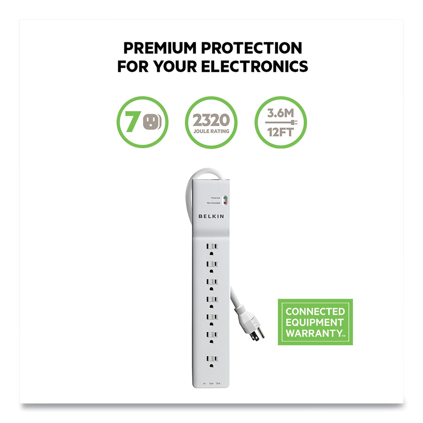 Belkin Home/Office Surge Protector, 7 AC Outlets, 12 ft Cord, 2,160 J, White (BE10720012)