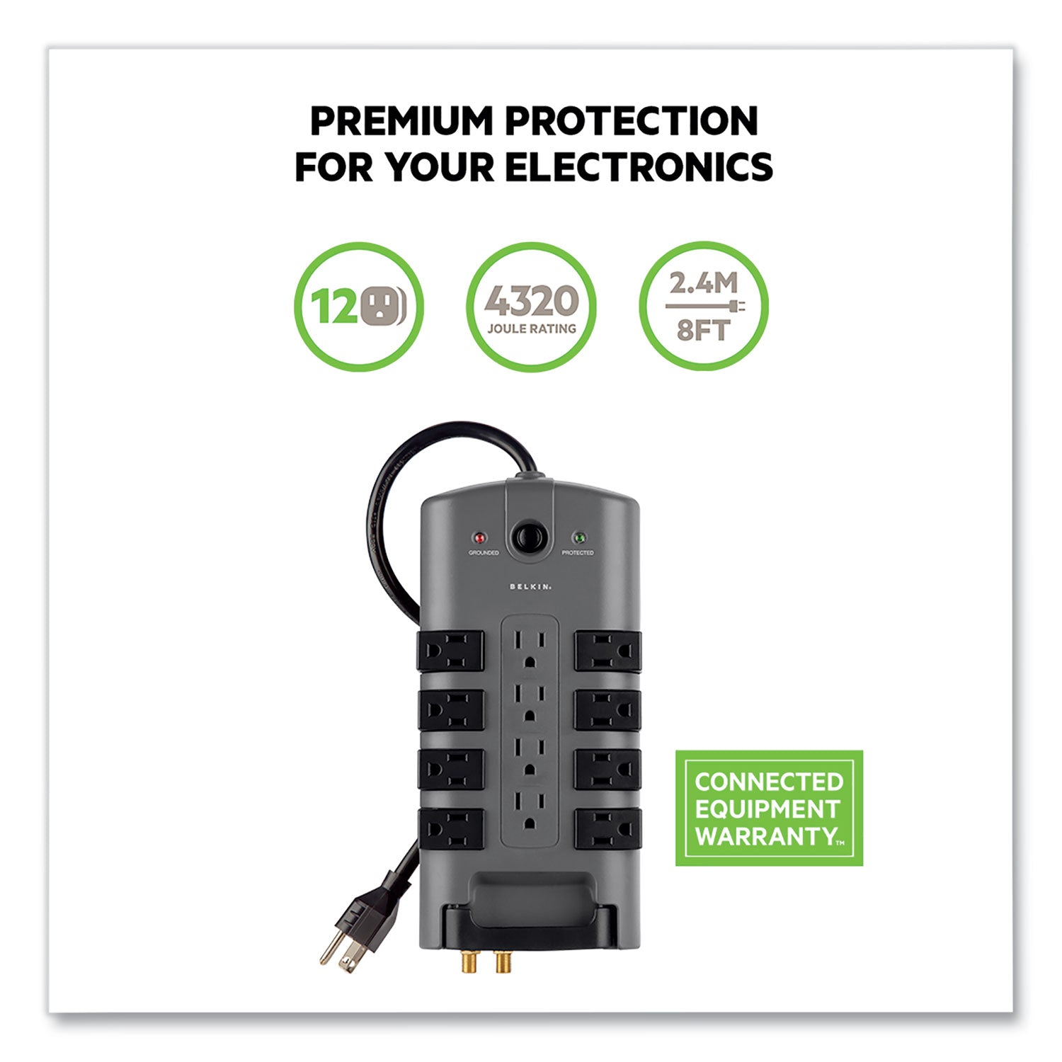 Belkin Pivot Plug Surge Protector, 12 AC Outlets, 8 ft Cord, 4,320 J, Gray (BP11223008)