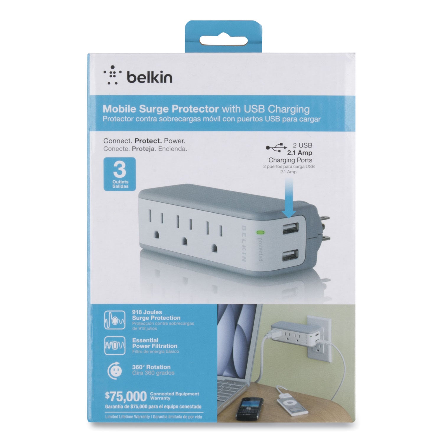 Belkin SurgePlus USB Swivel Charger, 3 AC Outlets/2 USB Ports, 918 J, White (BST300BG)