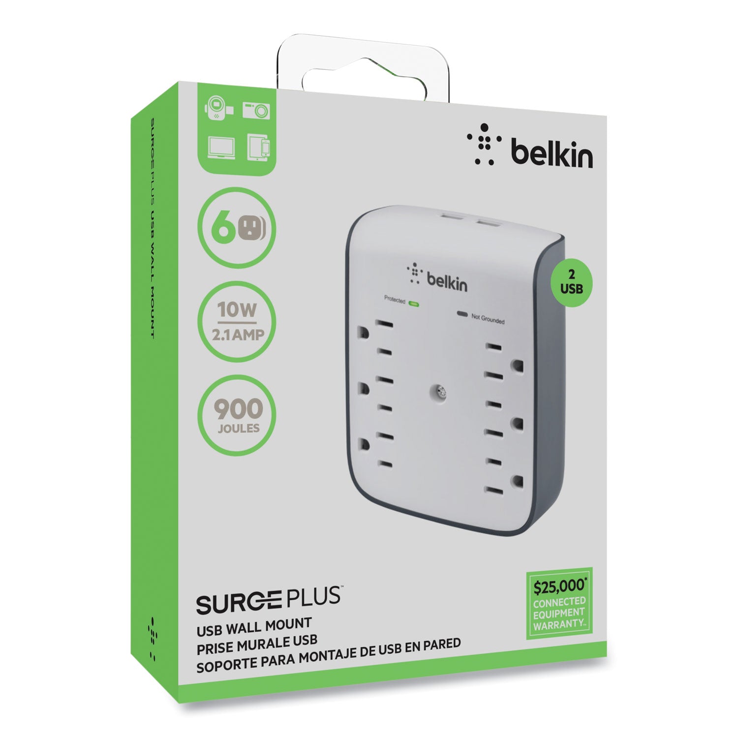 Belkin SurgePlus USB Wall Mount Charger, 6 AC Outlets/2 USB Ports, 900 J, White/Black (BSV602TT)