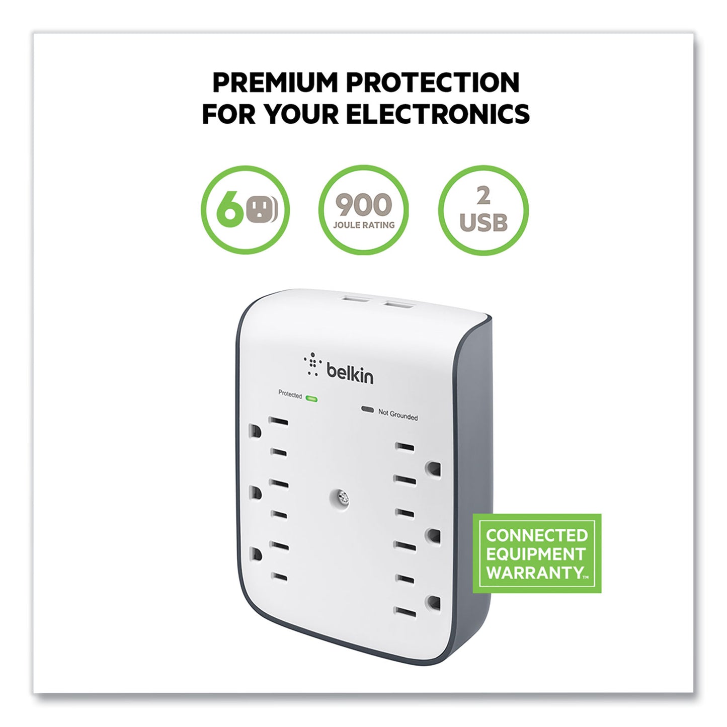 Belkin SurgePlus USB Wall Mount Charger, 6 AC Outlets/2 USB Ports, 900 J, White/Black (BSV602TT)