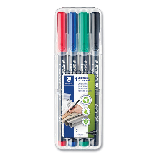 Staedtler Lumocolor Permanent Marker Pen, Porous Point, Extra-Fine, 0.4 mm, Assorted Ink Colors/Barrel, 4/Pack (313WP4)