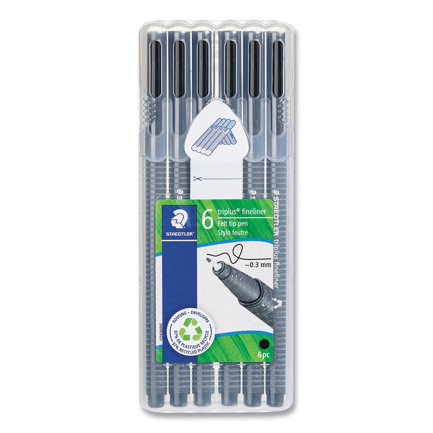 Staedtler Triplus Fineliner Marker Pen, Stick, Fine 0.3 mm, Black Ink, Clear Barrel, 6/Pack (3349SB6RA610)