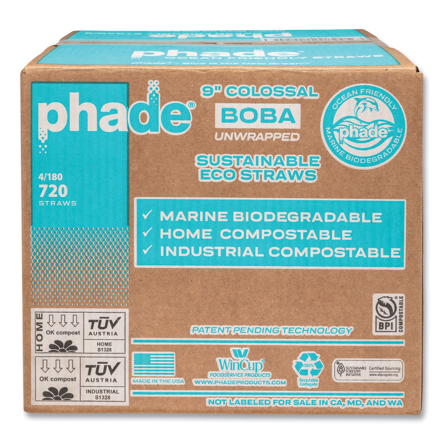 phade Marine Biodegradable Straws, Boba Straws, 9", Ocean Blue, 720/Carton (511208)