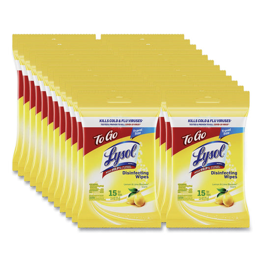 LYSOL Disinfecting Wipes Flatpacks, 1-Ply, 6.69 x 7.87, Lemon and Lime Blossom, White, 15 Wipes/Flat Pack, 24 Flat Packs/Carton (99799CT)