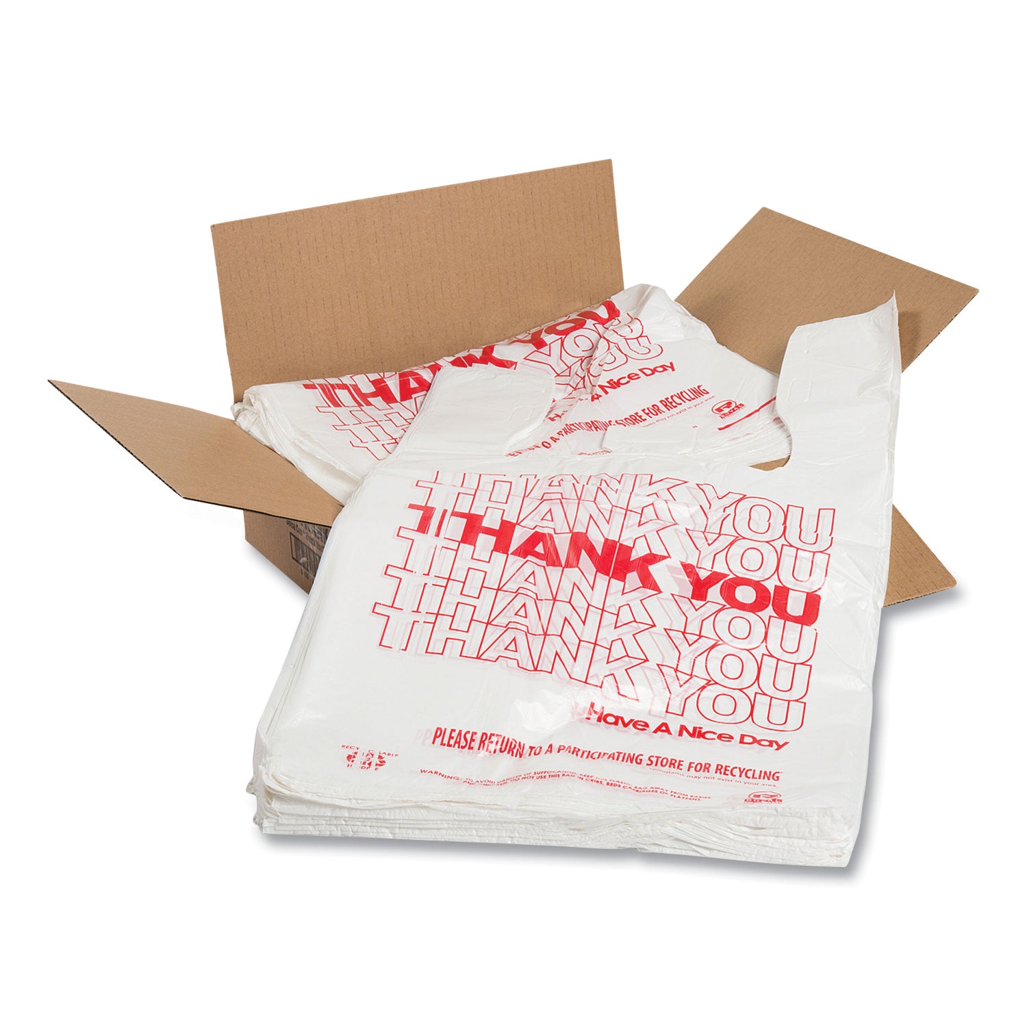 AmerCareRoyal Thank You Bags, Thank You - Have a Nice Day Labeling, Cut-Out Handles, 11.5" x 20" x 20", White/Red, 775/Carton (RPTYB6V)