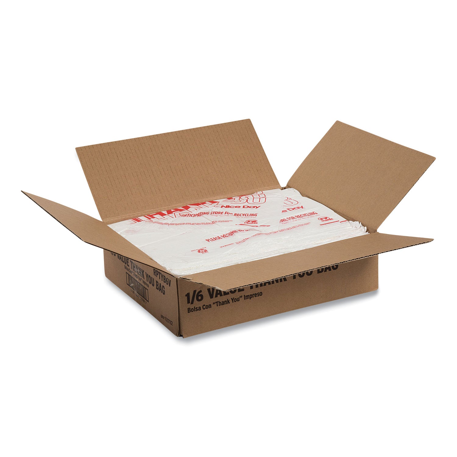 AmerCareRoyal Thank You Bags, Thank You - Have a Nice Day Labeling, Cut-Out Handles, 11.5" x 20" x 20", White/Red, 775/Carton (RPTYB6V)