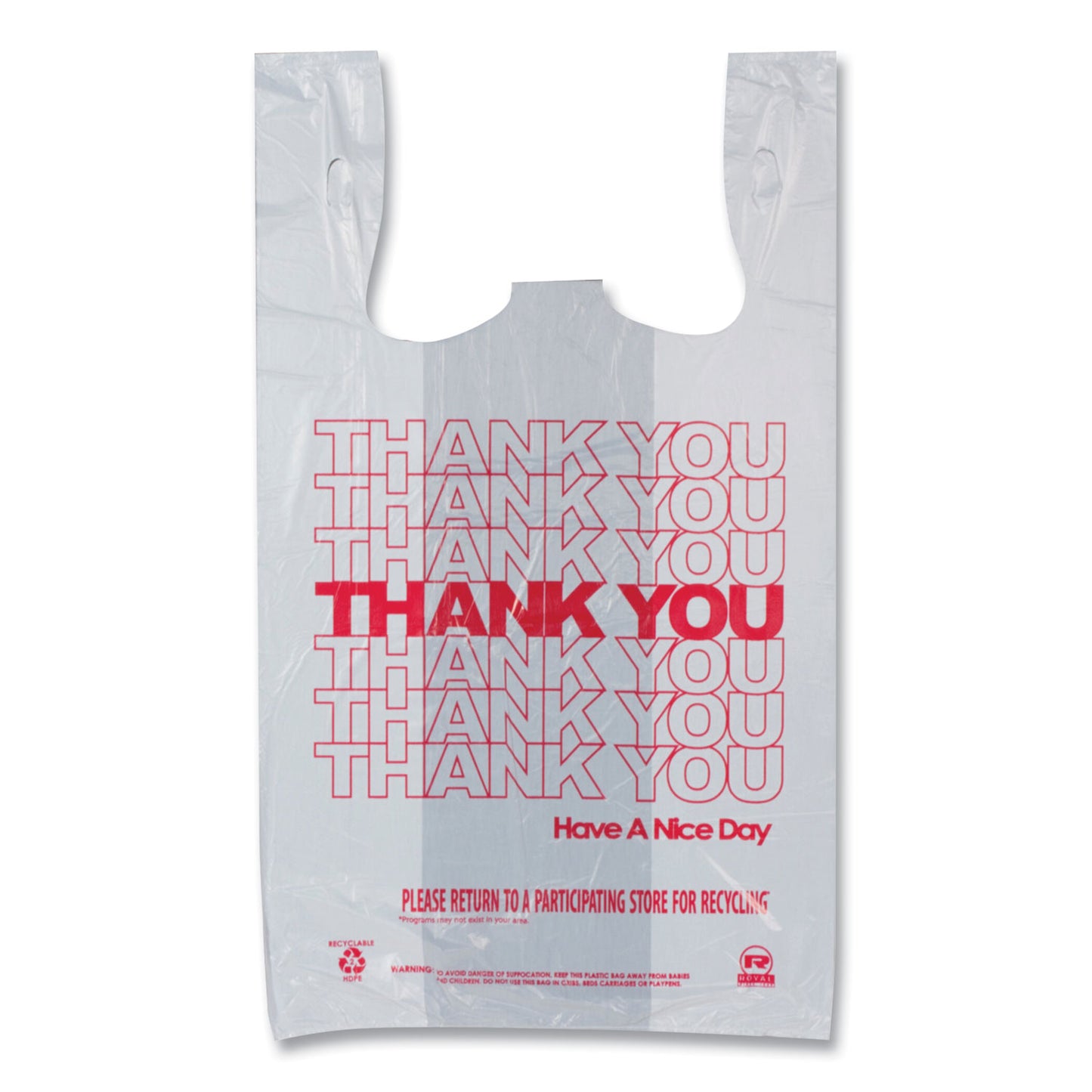 AmerCareRoyal Thank You Bags, Thank You - Have a Nice Day Labeling, Cut-Out Handles, 11.5" x 20" x 20", White/Red, 775/Carton (RPTYB6V)