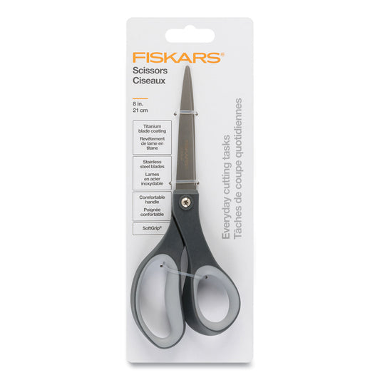 Fiskars Everyday Titanium Softgrip Scissors, 8" Long, 3.1" Cut Length, Straight Dark Gray Handle (1067265)