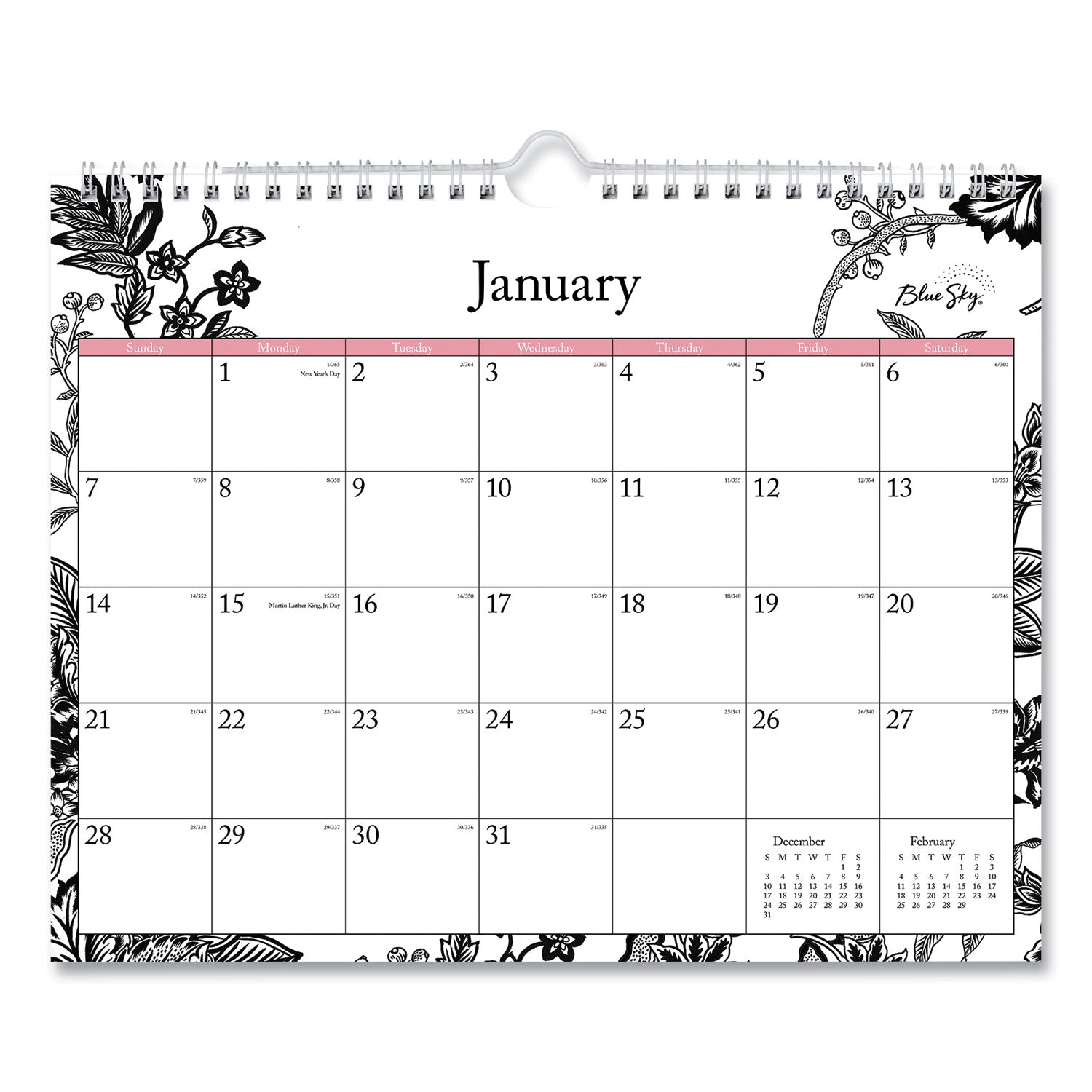 Blue Sky Analeis Wall Calendar, Floral Artwork, 11 x 8.75, White/Black/Coral Sheets, 12-Month (Jan to Dec): 2025 (100028)