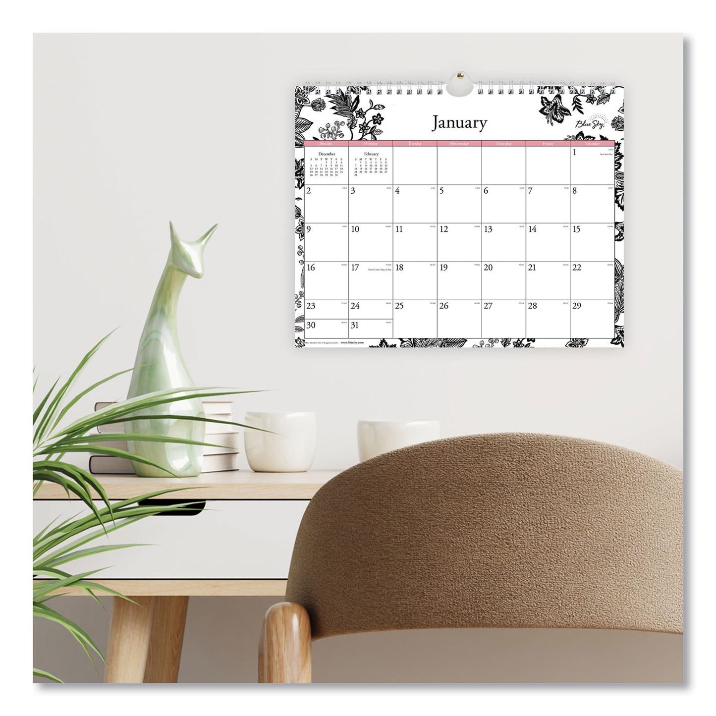 Blue Sky Analeis Wall Calendar, Floral Artwork, 11 x 8.75, White/Black/Coral Sheets, 12-Month (Jan to Dec): 2025 (100028)