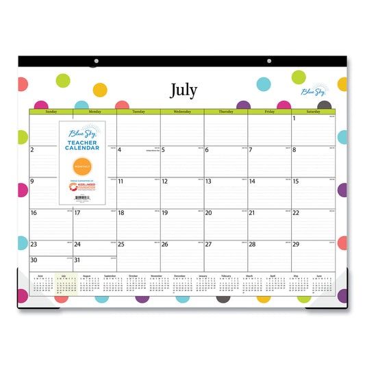 Blue Sky Teacher Dots Academic Desk Pad, 22 x 17, Black Binding, Clear Corners, 12-Month (July to June): 2024 to 2025 (105496)