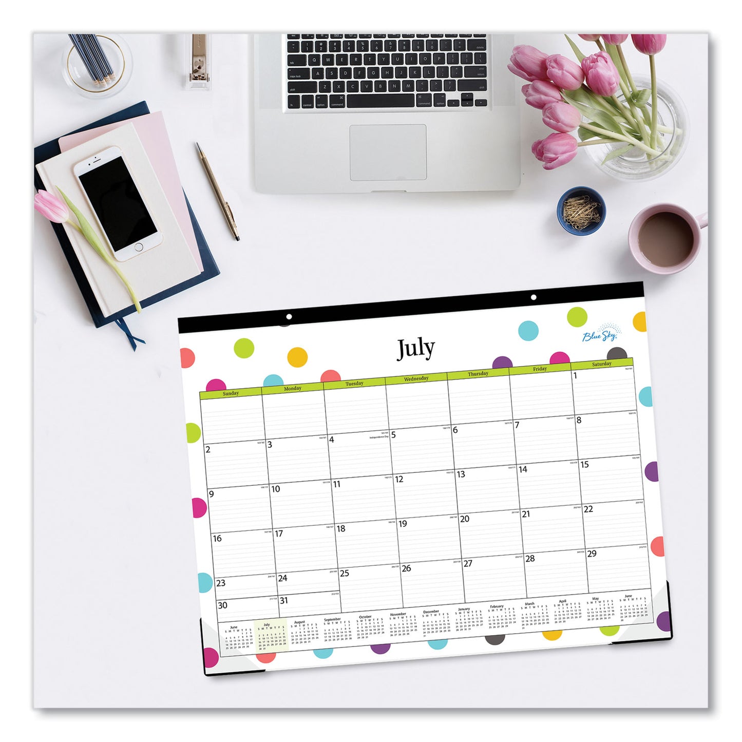 Blue Sky Teacher Dots Academic Desk Pad, 22 x 17, Black Binding, Clear Corners, 12-Month (July to June): 2024 to 2025 (105496)