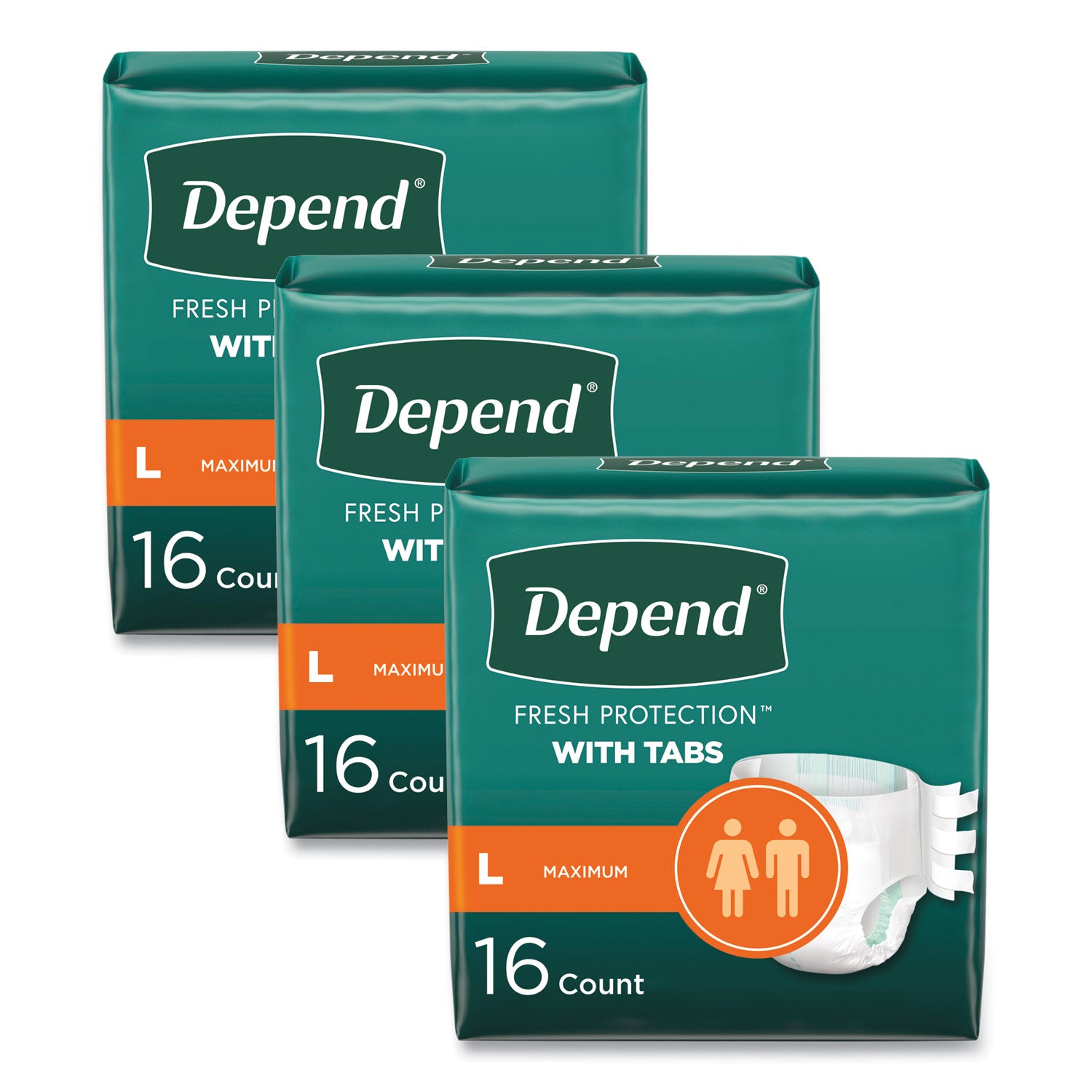 Depend Incontinence Protection with Tabs, 35" to 49" Waist, 16/Pack, 3 Packs/Carton (35458)