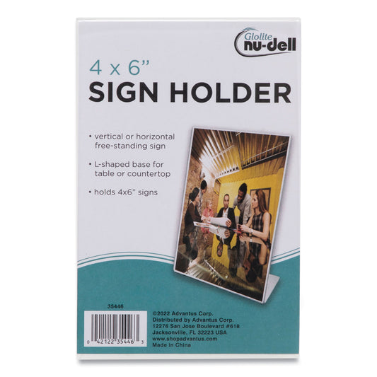 NuDell Clear Plastic Slanted L-Shaped Countertop Sign Holder, Side-Load, Horizontal/Vertical Orientation, 4 x 6 Insert (35446)