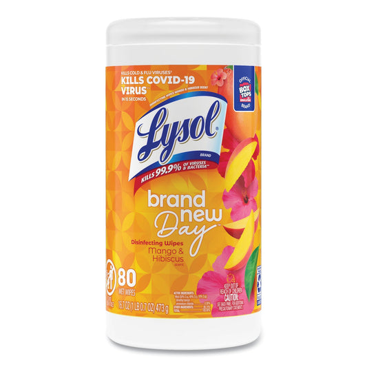 LYSOL Brand Disinfecting Wipes, 1-Ply, 7 x 7.25, Mango and Hibiscus, White, 80 Wipes/Canister, 6 Canisters/Carton (97181)