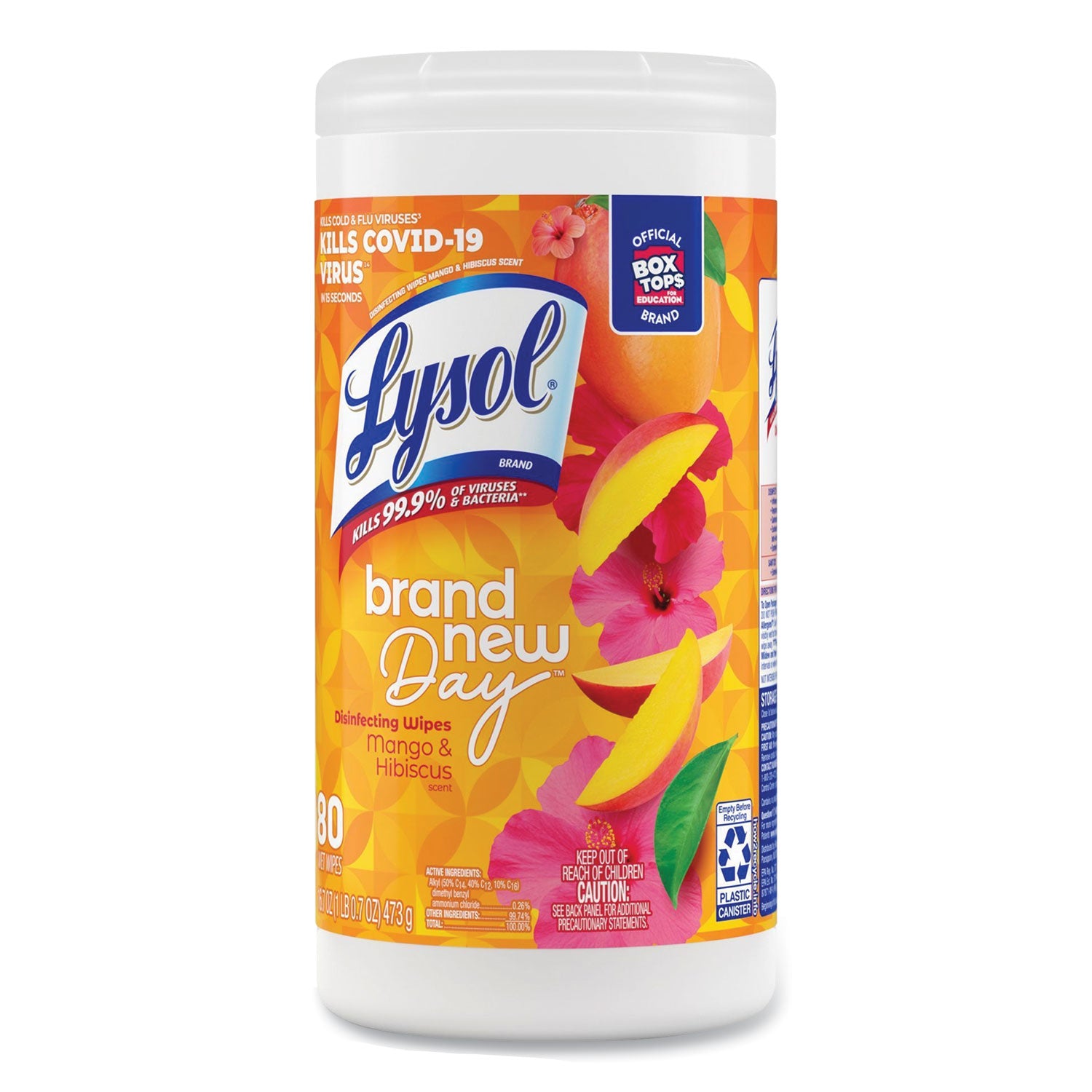 LYSOL Brand Disinfecting Wipes, 1-Ply, 7 x 7.25, Mango and Hibiscus, White, 80 Wipes/Canister, 6 Canisters/Carton (97181)