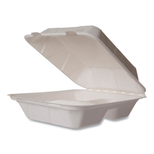 Vegware White Molded Fiber Clamshell Containers, Compostable, 3-Compartment, 7.9 x 7.9 x 2.9, White, Sugarcane, 200/Carton (WHBRG83HW)