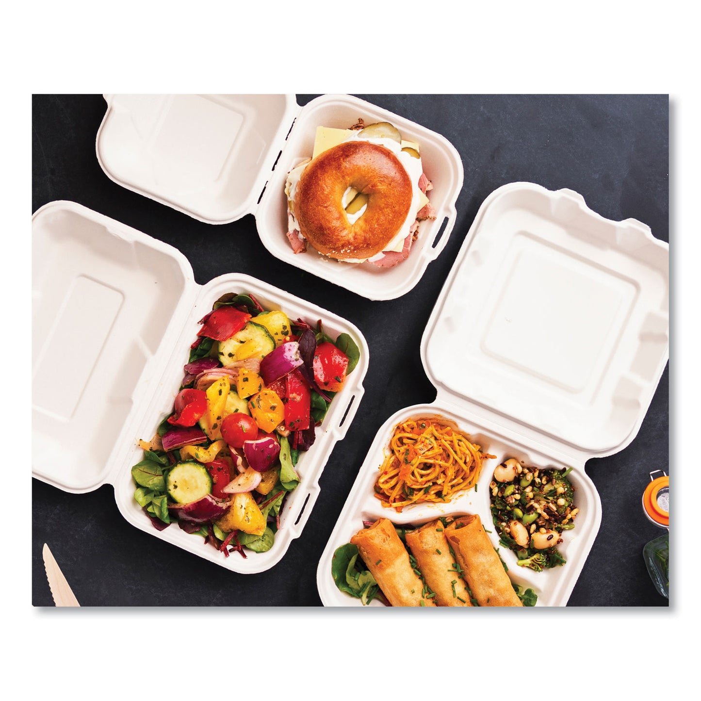 Vegware White Molded Fiber Clamshell Containers, Compostable, 3-Compartment, 7.9 x 7.9 x 2.9, White, Sugarcane, 200/Carton (WHBRG83HW)