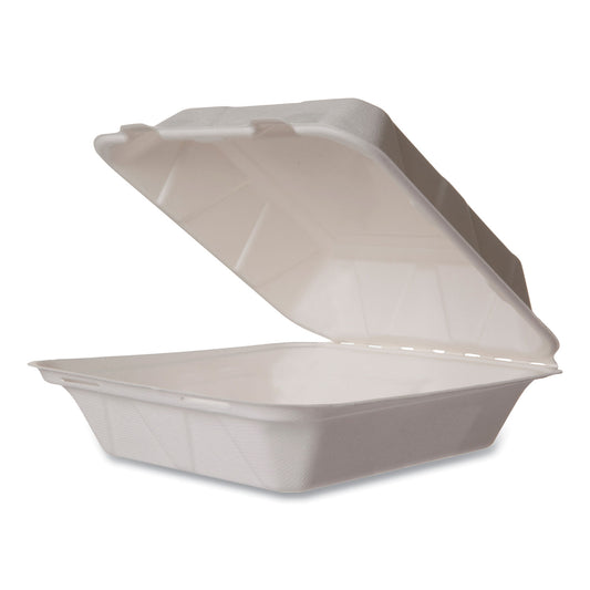 Vegware White Molded Fiber Clamshell Container, Compostable, 7.9 x 7.9 x 2.9, White, Sugarcane, 200/Carton (WHBRG8HW)