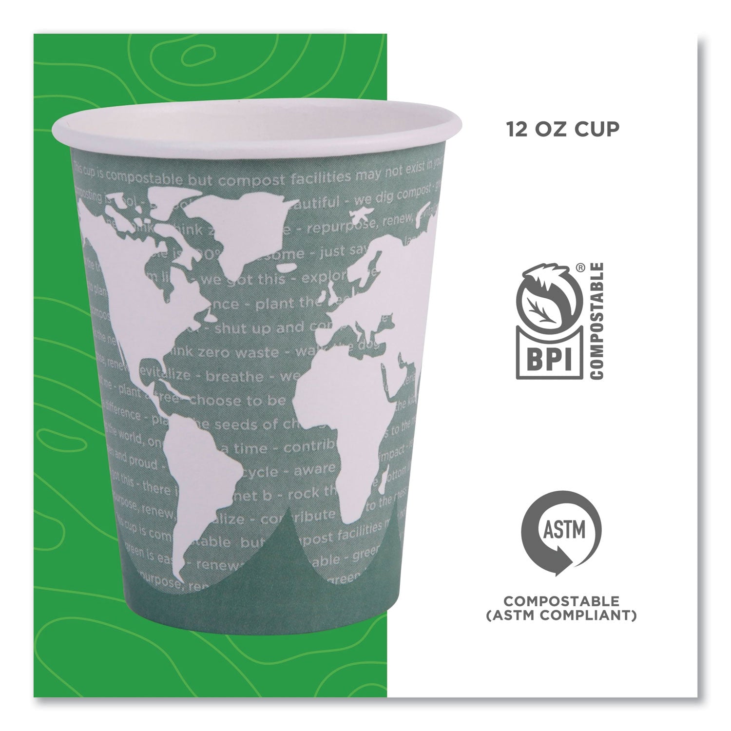 Eco-Products World Art Renewable and Compostable Hot Cups, 12 oz, Gray, 50/Pack (EPBHC12WAPK)