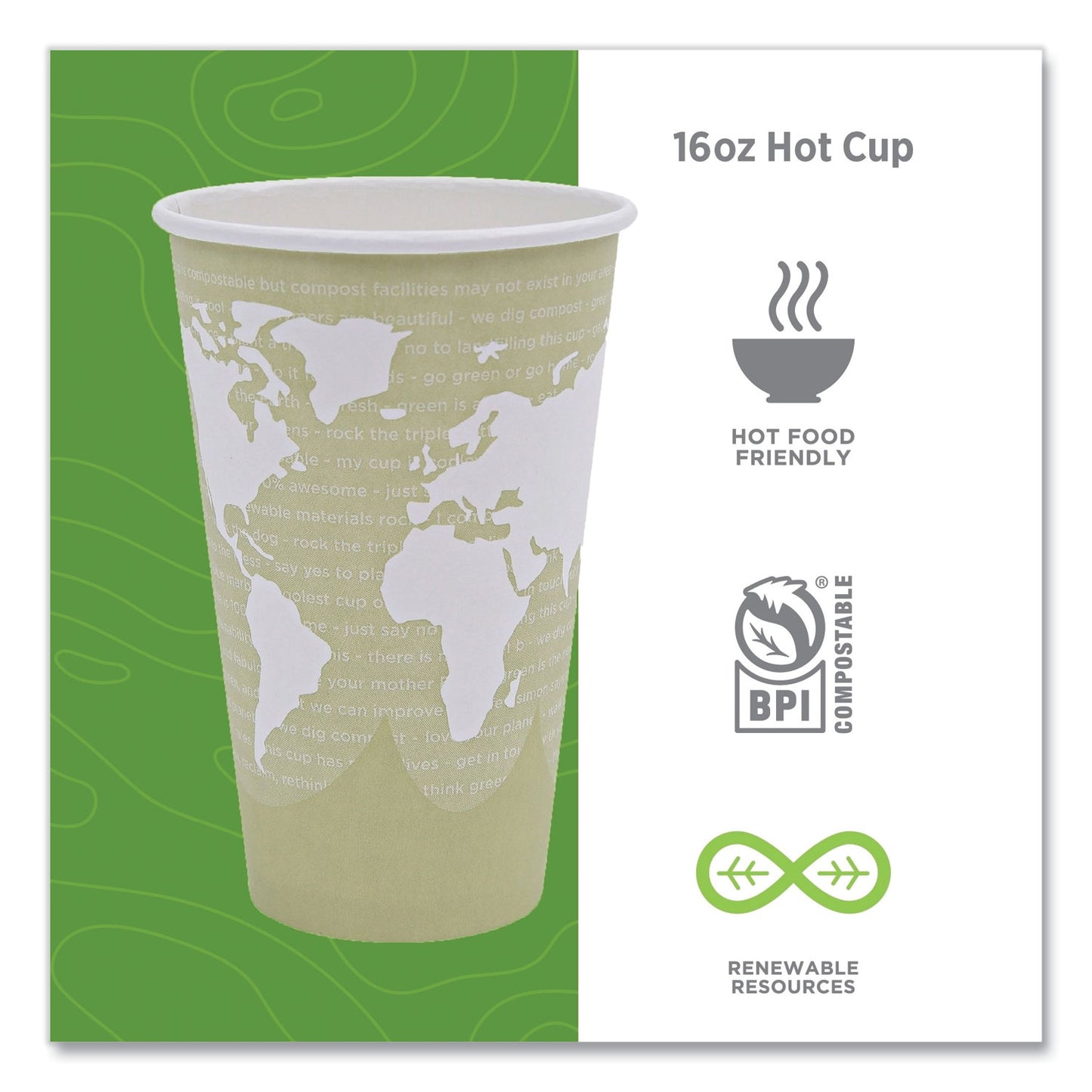 Eco-Products World Art Renewable and Compostable Hot Cups, 16 oz, Moss, 50/Pack (EPBHC16WAPK)