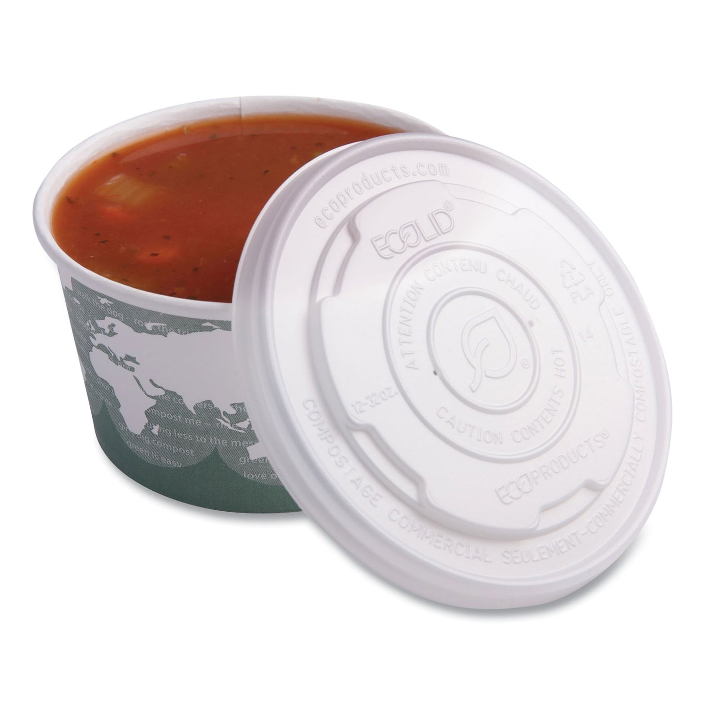 Eco-Products World Art PLA-Laminated Soup Container Lids for 12 oz, 16 oz, 32 oz, White, Plastic, 50/Pack, 10 Packs/Carton (EPECOLIDSPL)