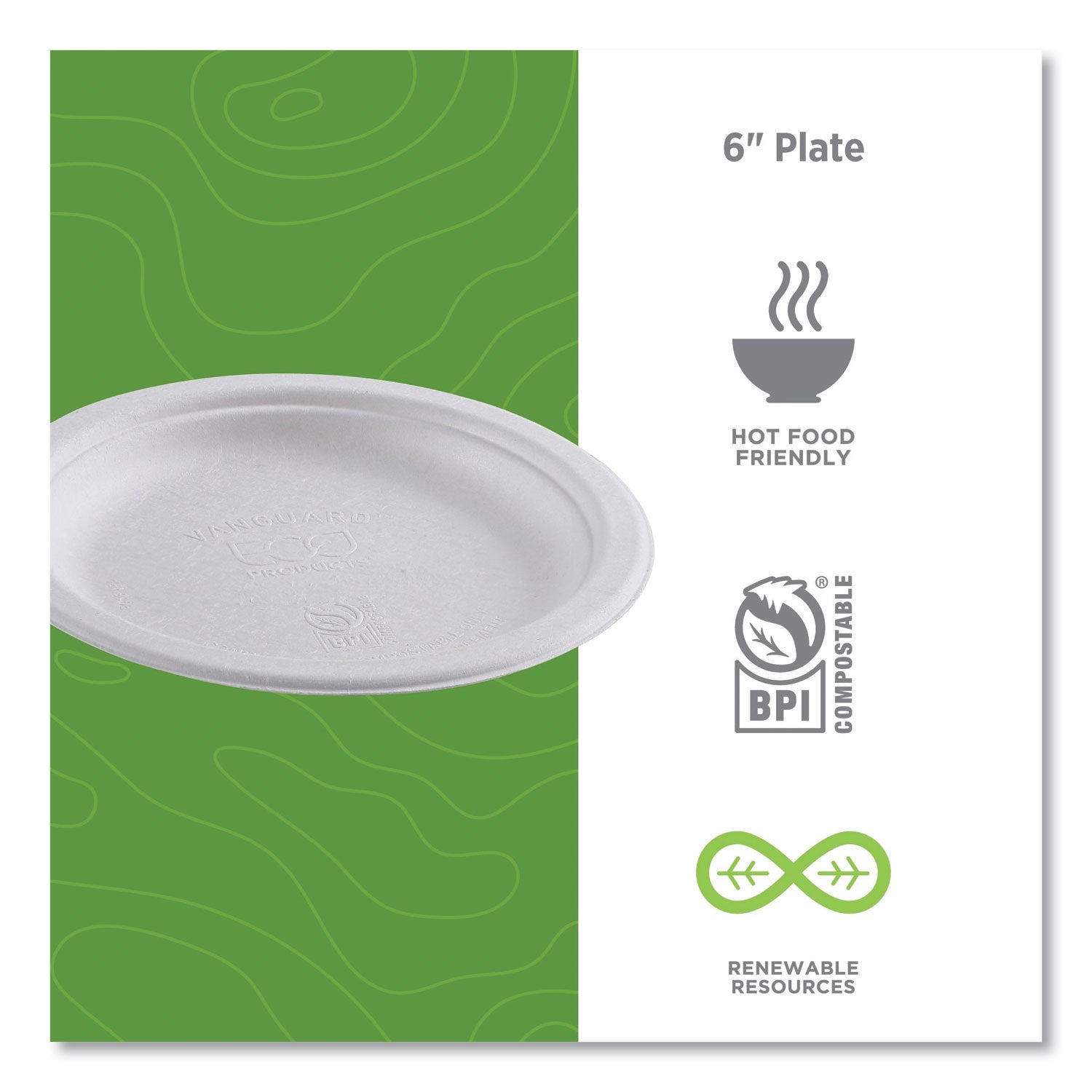 Eco-Products Vanguard Renewable and Compostable Sugarcane Plates, 6" dia, White, 1,000/Carton (EPP016NFA)