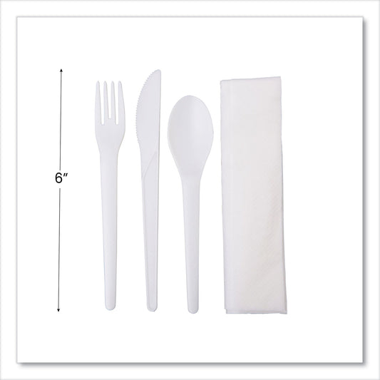 Eco-Products Plantware Compostable Cutlery Kit, Knife/Fork/Spoon/Napkin, 6", Pearl White, 250 Kits/Carton (EPS015)