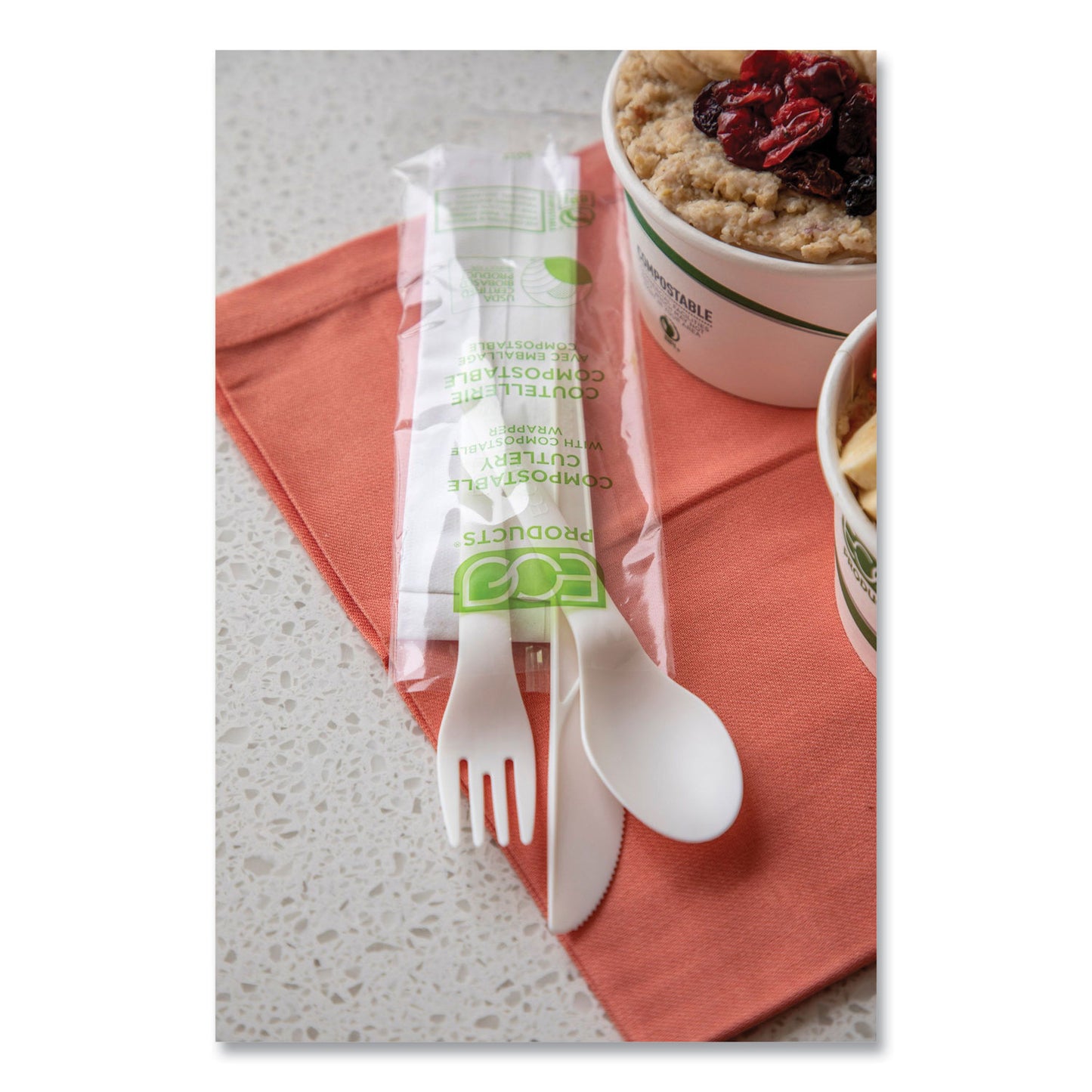 Eco-Products Plantware Compostable Cutlery Kit, Knife/Fork/Spoon/Napkin, 6", Pearl White, 250 Kits/Carton (EPS015)