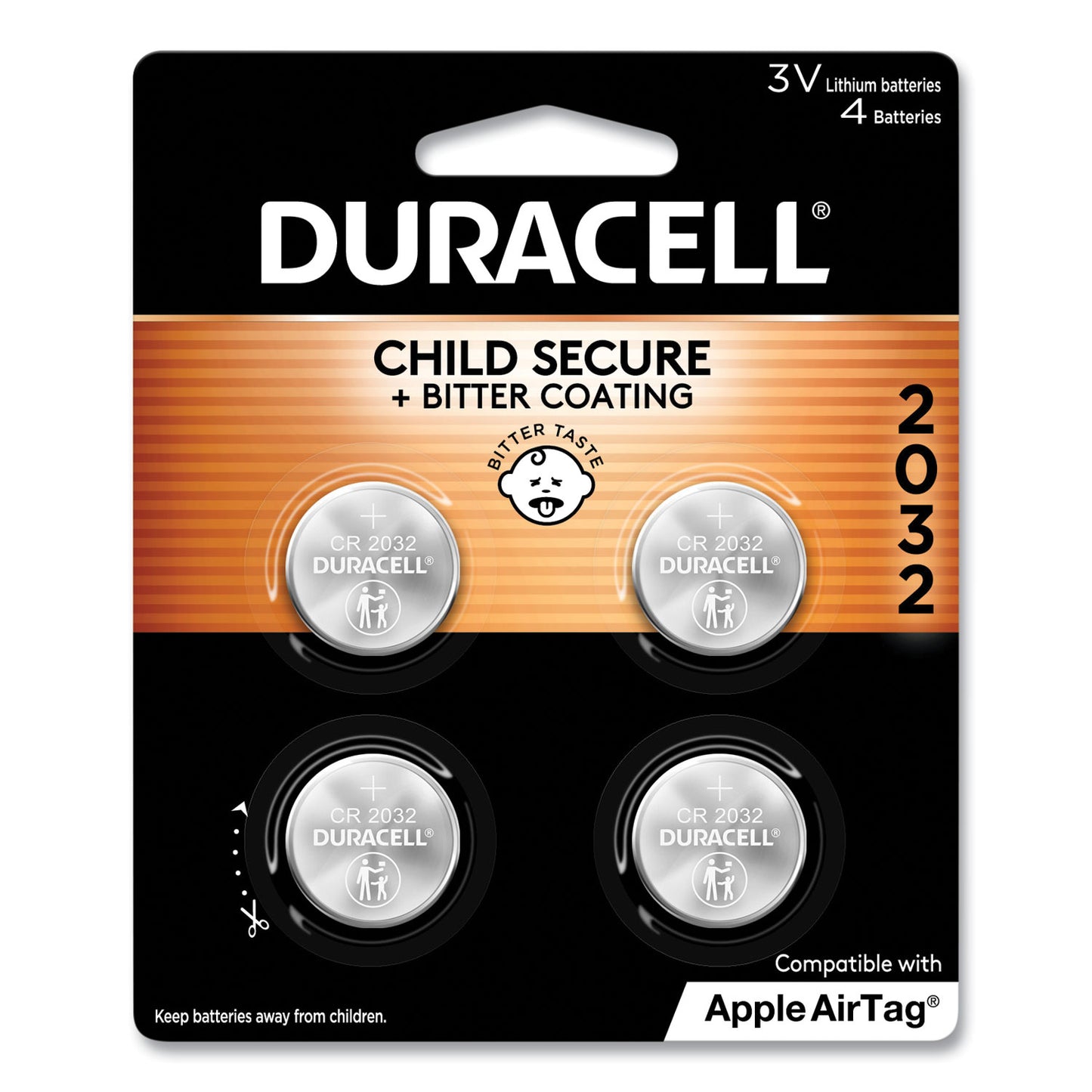 Duracell Lithium Coin Batteries With Bitterant, 2032, 4/Pack (DL2032B4PK)