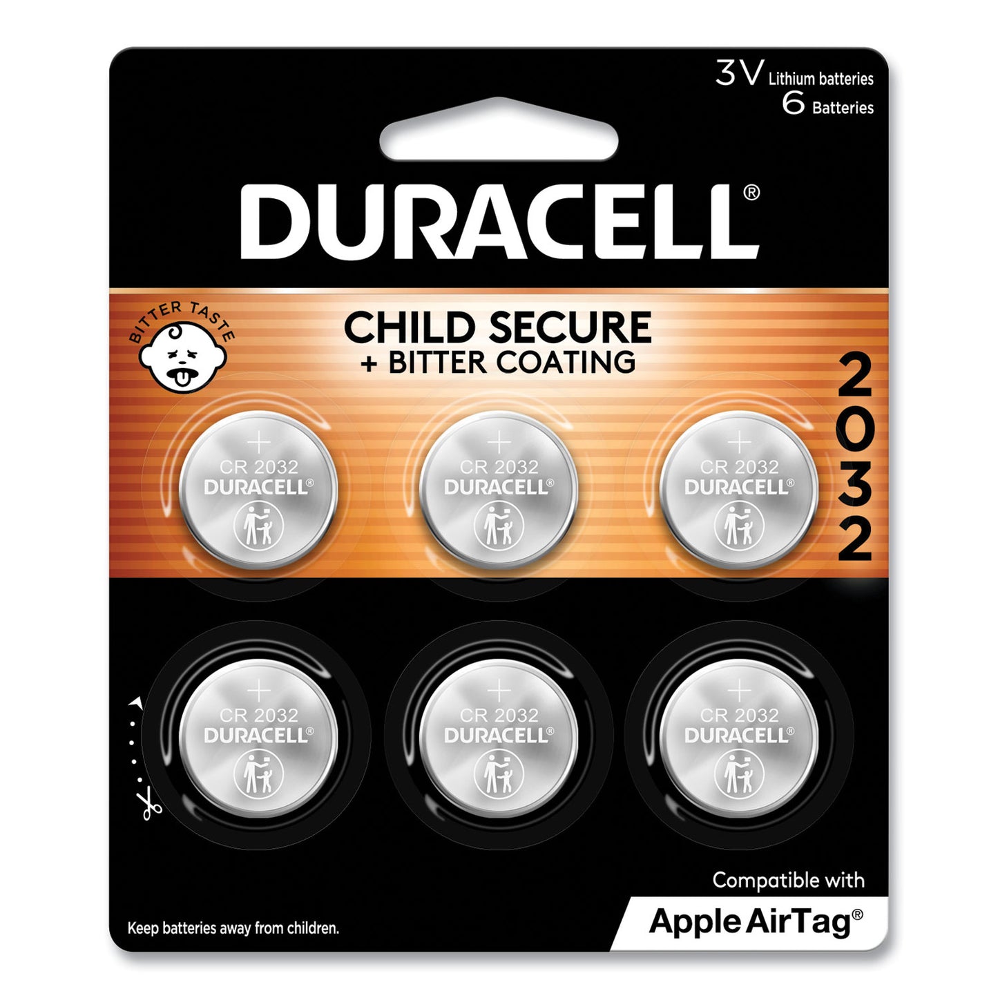 Duracell Lithium Coin Batteries With Bitterant, 2032, 6/Pack (DL2032B6PK)