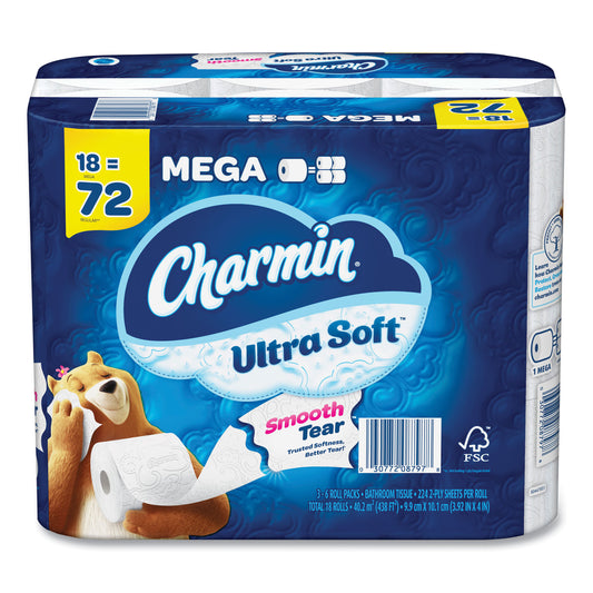 Charmin Ultra Soft Bathroom Tissue, Mega Roll, Septic Safe, 2-Ply, White, 224 Sheets/Roll, 18 Rolls/Carton (08797)