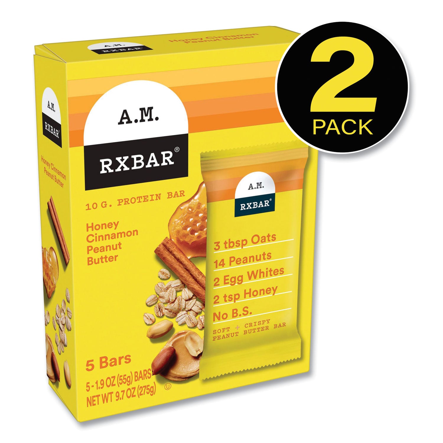 A.M. RXBAR Adult Bars, Honey Cinnamon Peanut Butter, 1.9 oz Bar, 5 Bars/Packs, 2 Packs/Carton (60000748)