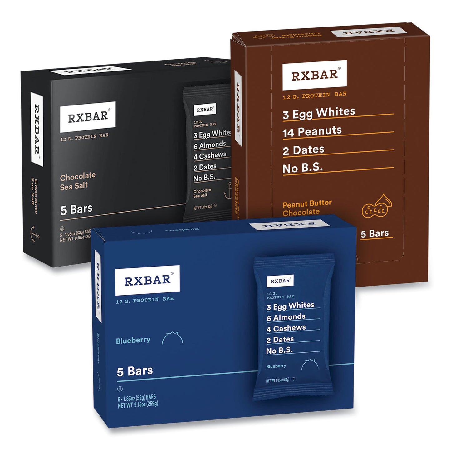 RXBAR Adult Bars, Assorted Flavors, 1.83 oz Bar, 5 Bars/Pack, 3 Packs/Carton (60000771)