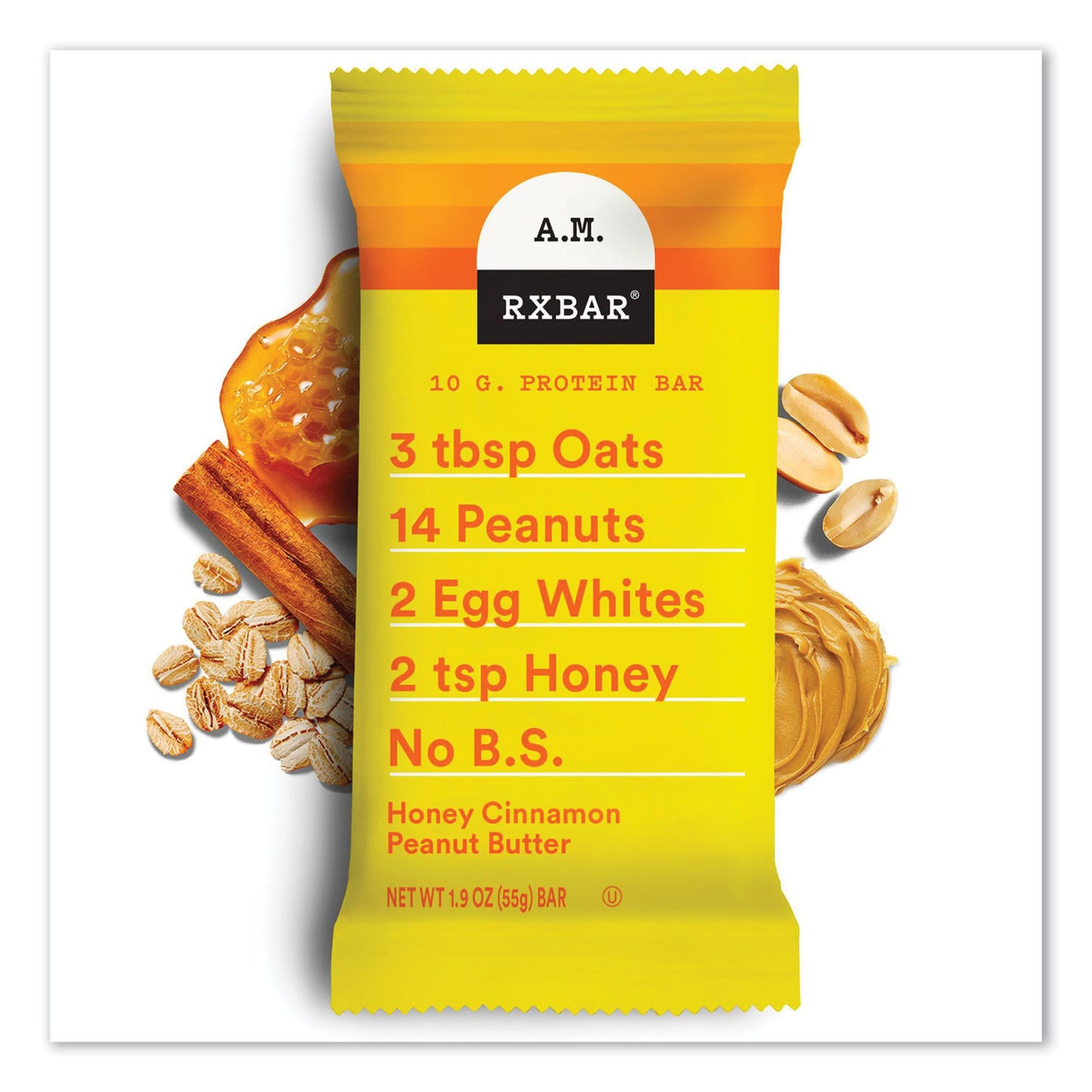 A.M. RXBAR Adult Bars, Honey Cinnamon Peanut Butter, 1.9 oz Bar, 5 Bars/Packs, 2 Packs/Carton (60000748)