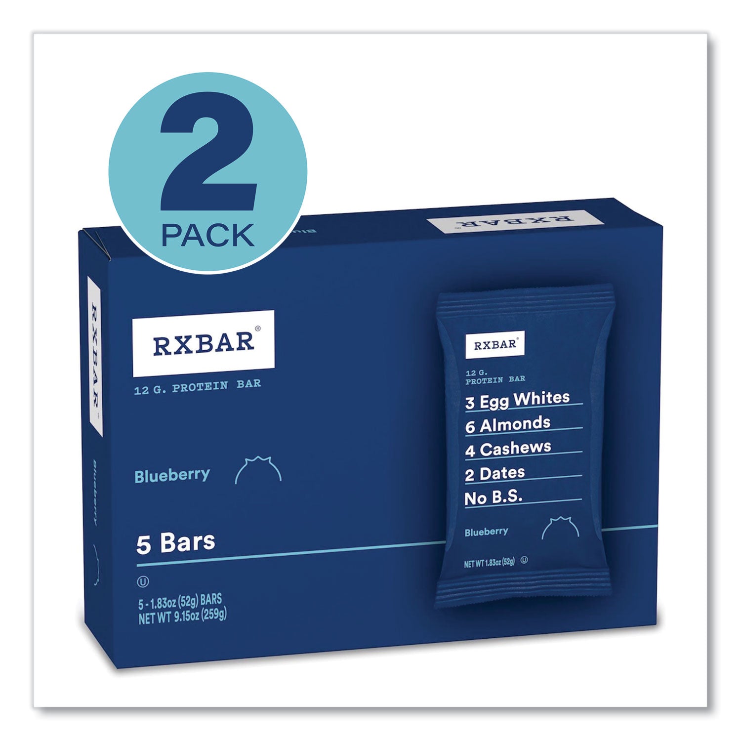 RXBAR Adult Bars, Blueberry, 1.83 oz Bar, 5 Bars/Box, 2 Boxes/Carton (60000741)