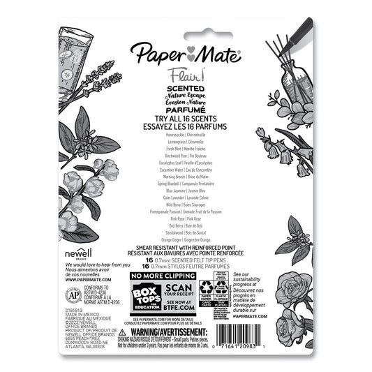 Paper Mate Flair Scented Felt Tip Porous Point Pen, Nature Escape Scents, Medium 0.7 mm, Assorted Ink and Barrel Colors, 16/Pack (2178701)