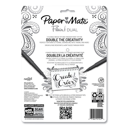 Paper Mate Flair Duo Felt Tip Porous Point Pen, Stick, Medium 0.7 mm, Assorted Ink and Barrel Colors, 16/Pack (2181607)